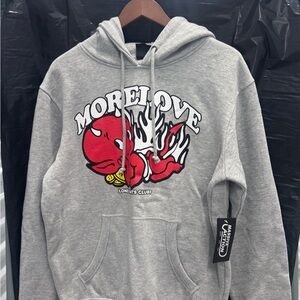 Gray Graphic Hoodie Sweatshirt with Red Heart Design